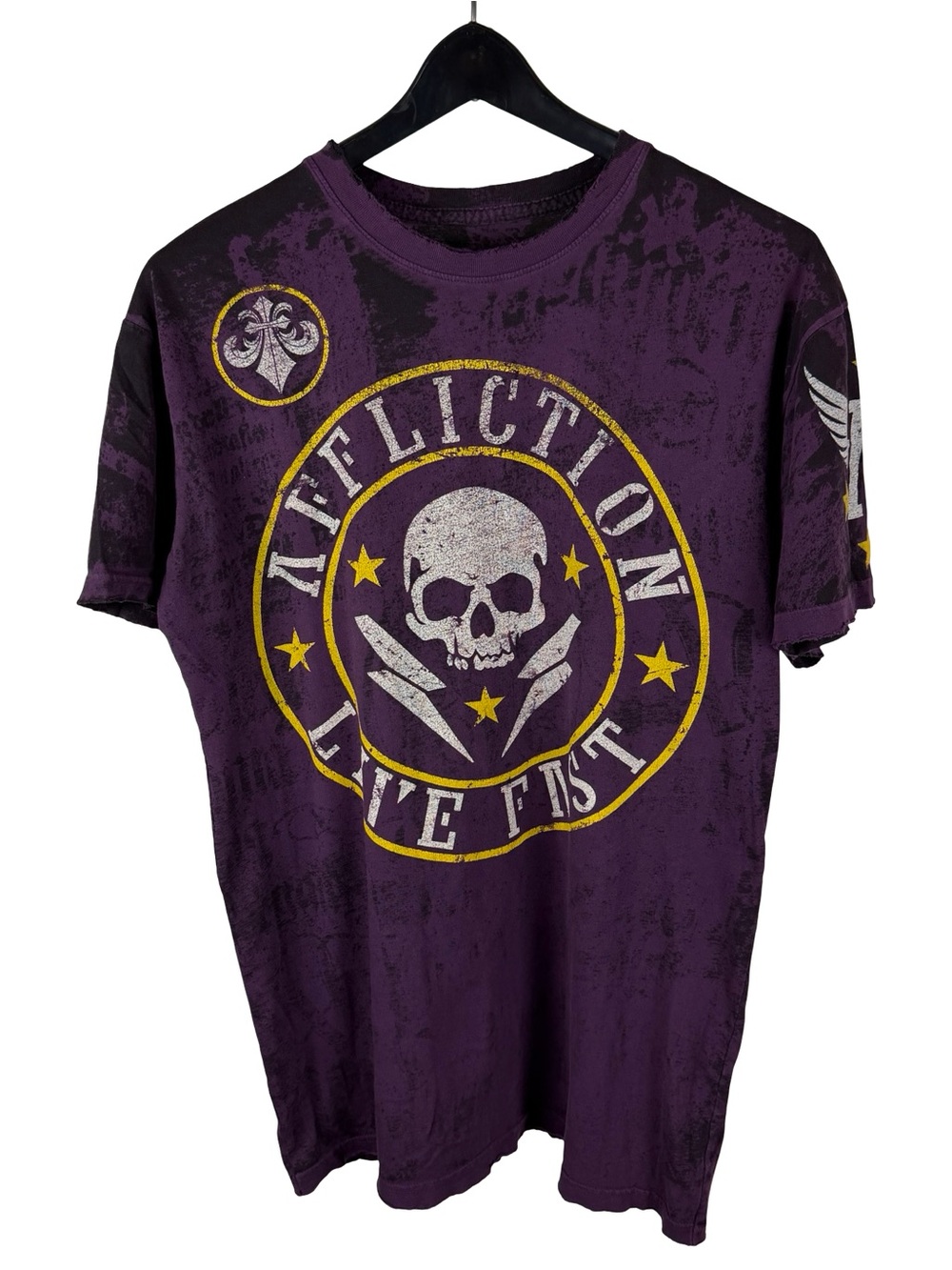 Mens Y2K Affliction Love Fist Grunge Punk Reversible Purple Shirt Size L